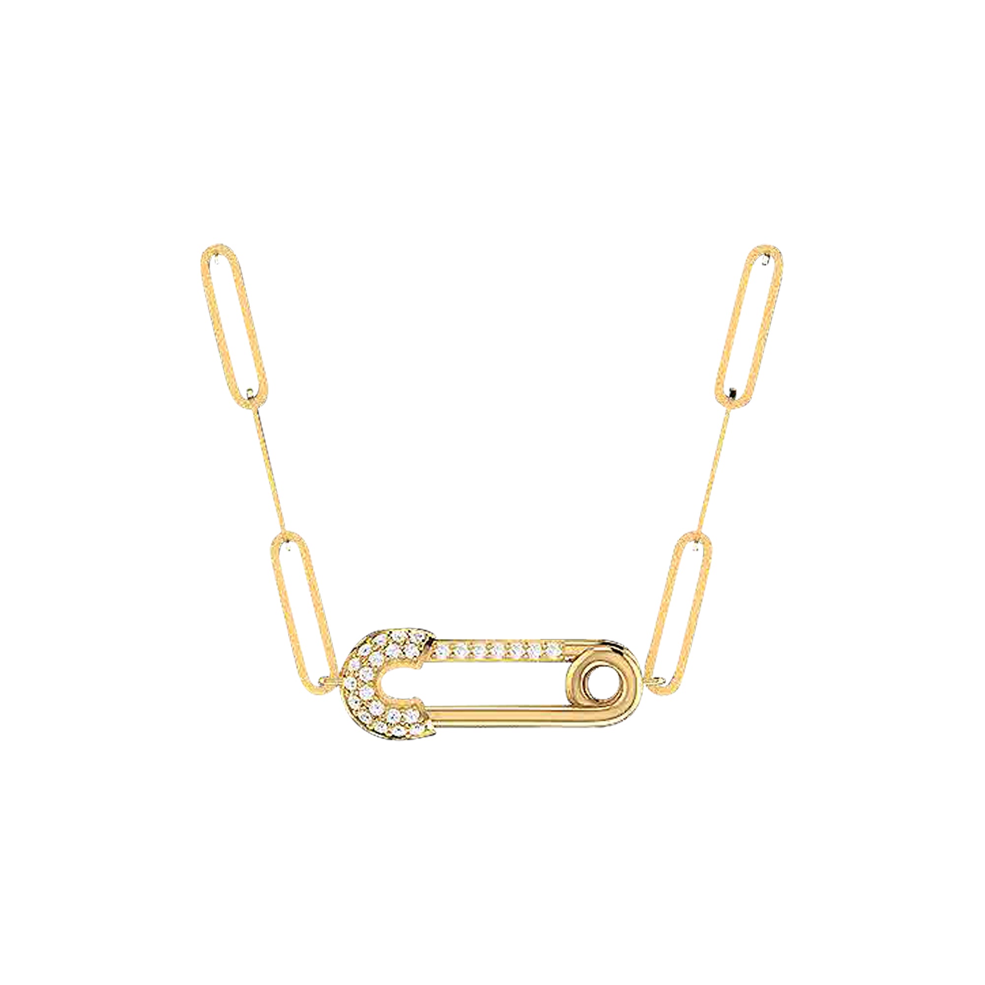 18K Gold and Diamonds Paperclip Necklace Safety Pin