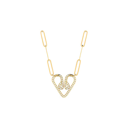 18K Gold and Diamonds Paperclip Necklace Heart
