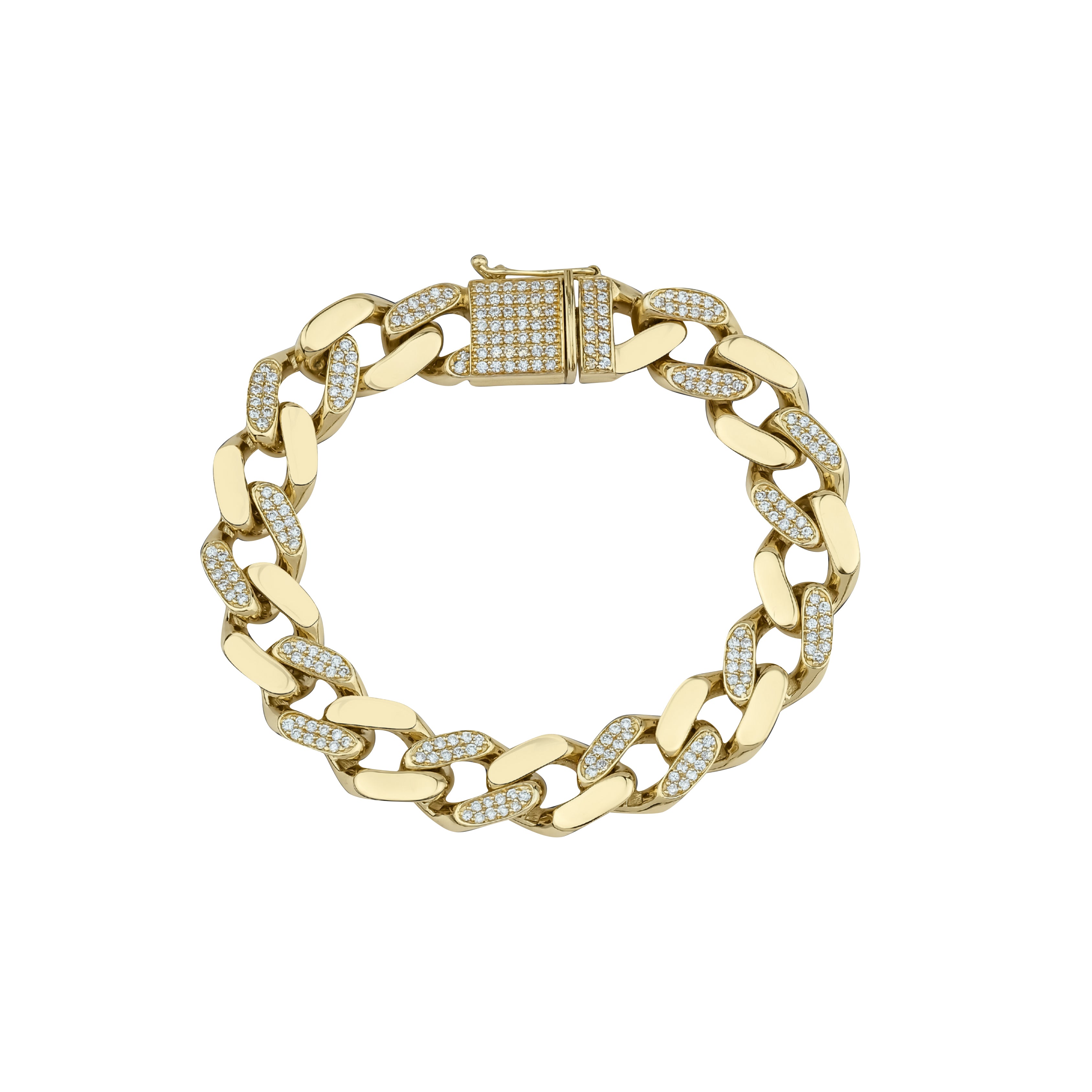 14K Gold Flat Curb Half Diamonds Bracelet 12,00mm - HANDMADE
