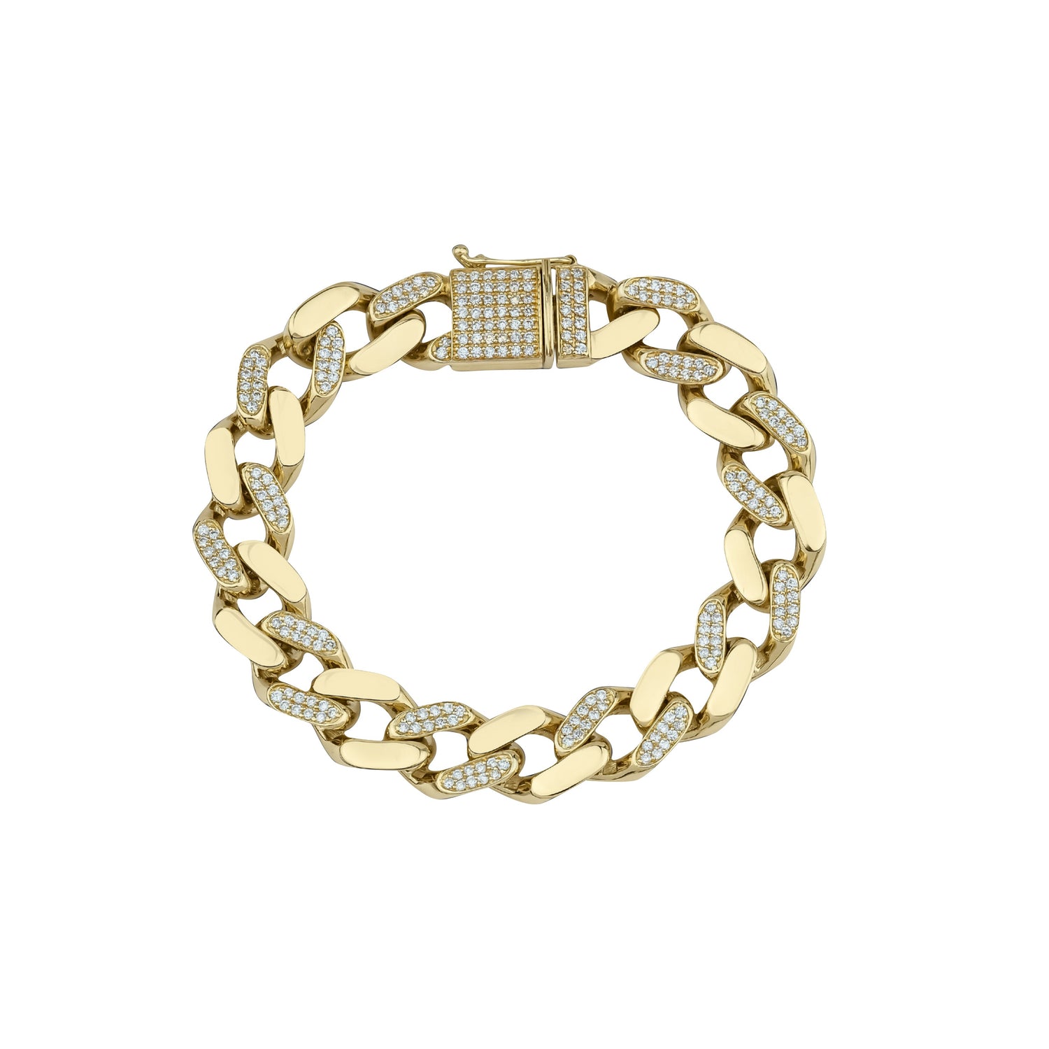 Chaîne Plate Curb Demi-Diamants en or solide 18 carats, 12,00 mm - fabriqué à la main