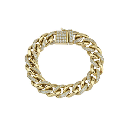Bracelet Curb Ovale Demi-Diamants  en or solide 14 carats, 13,00 mm - fabriqué à la main
