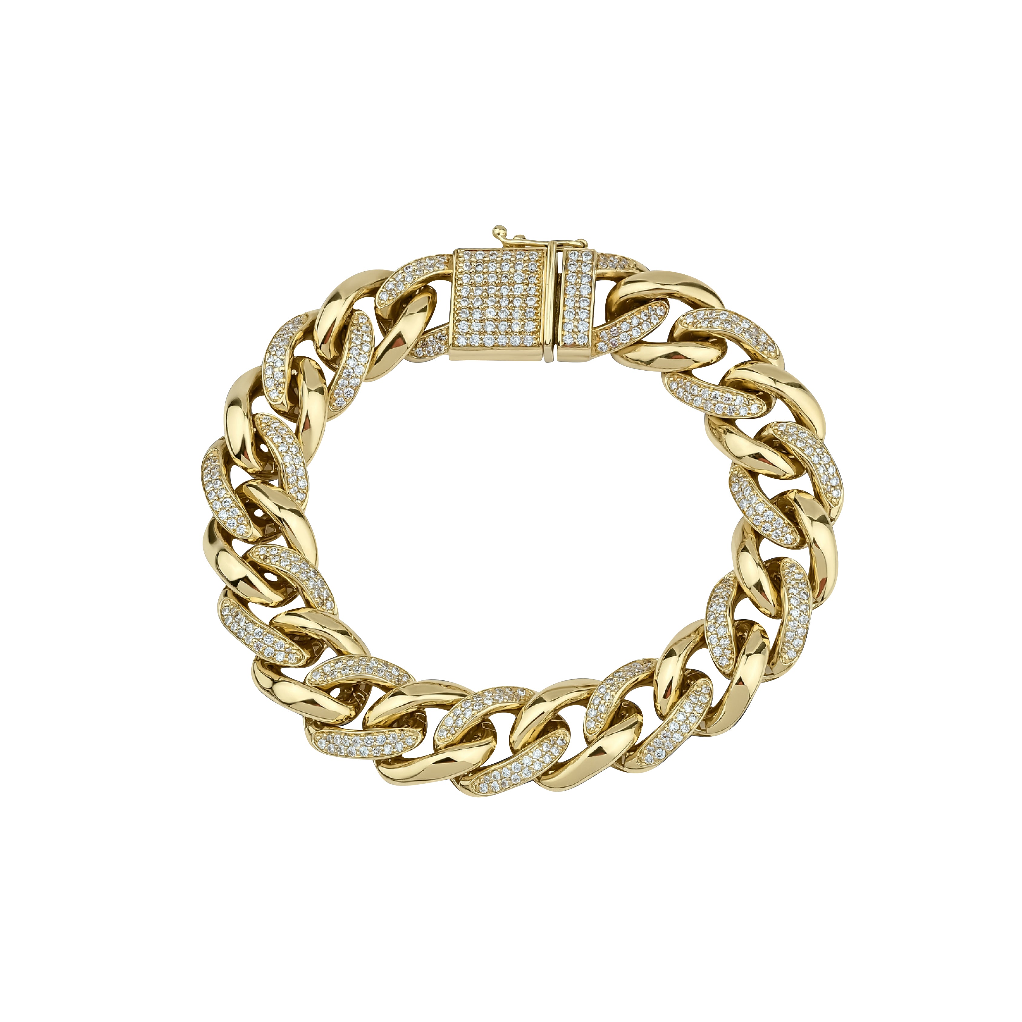 18K Gold Oval Curb Half Diamonds Bracelet 13,00mm - HANDMADE